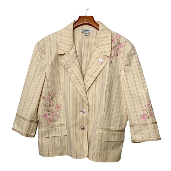 ST. JOHN Sport Striped Floral Blazer Cream Pink XL